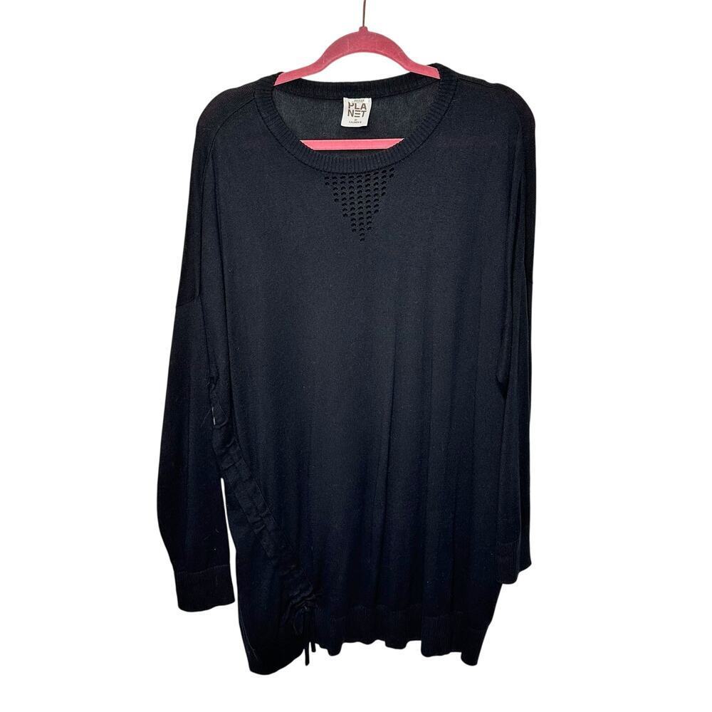 Planet Long Sleeve Knit Top Side Cinched Crew Neck Sweater Asymmetrical Black